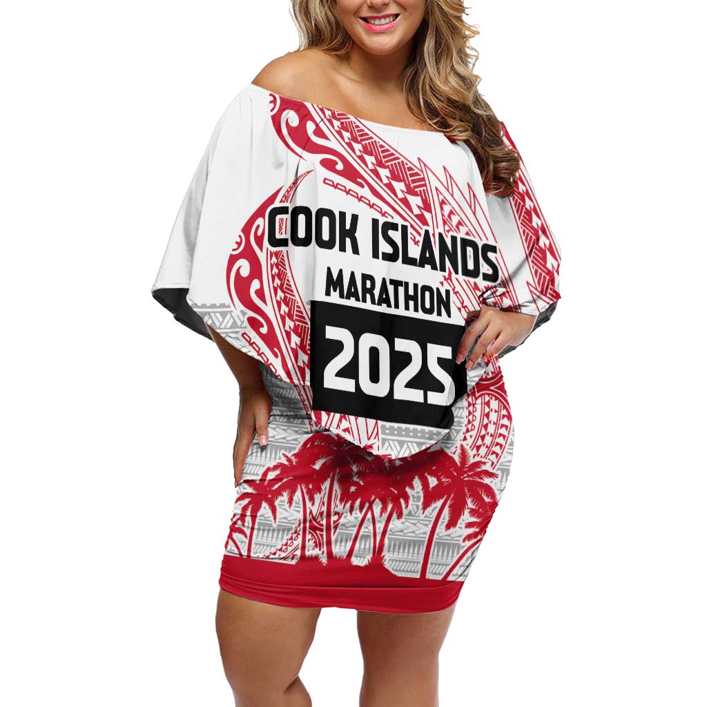 Cook Islands Marathon 2025-Pursuit in Paradise Family Matching Off Shoulder Short Dress and Hawaiian Shirt Red Color