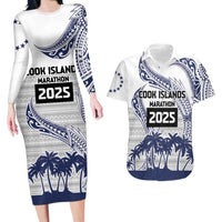 Cook Islands Marathon 2025-Pursuit in Paradise Couples Matching Long Sleeve Bodycon Dress and Hawaiian Shirt Blue Color