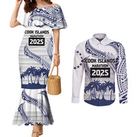 Cook Islands Marathon 2025-Pursuit in Paradise Couples Matching Mermaid Dress and Long Sleeve Button Shirt Blue Color