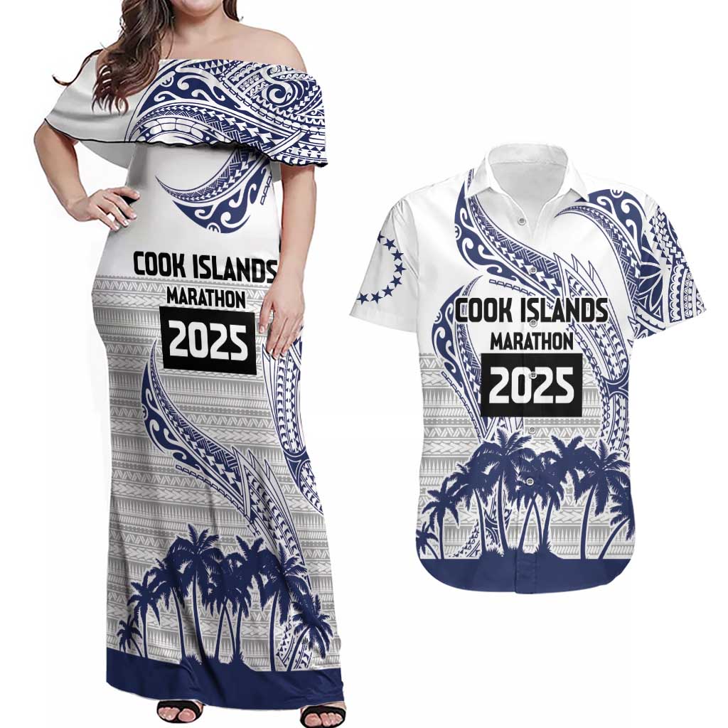 Cook Islands Marathon 2025-Pursuit in Paradise Couples Matching Off Shoulder Maxi Dress and Hawaiian Shirt Blue Color