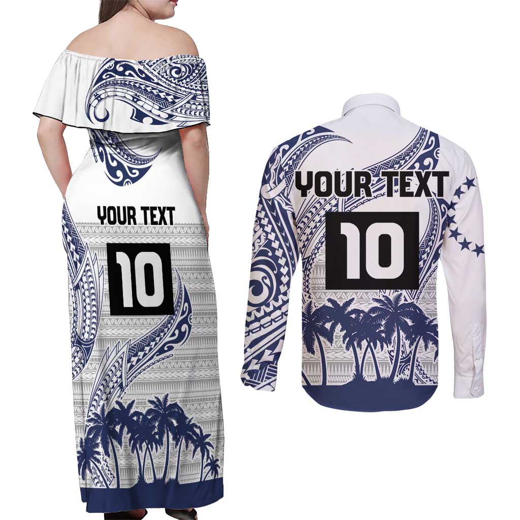 Cook Islands Marathon 2025-Pursuit in Paradise Couples Matching Off Shoulder Maxi Dress and Long Sleeve Button Shirt Blue Color