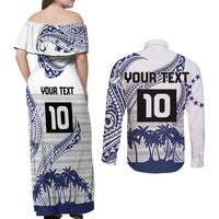 Cook Islands Marathon 2025-Pursuit in Paradise Couples Matching Off Shoulder Maxi Dress and Long Sleeve Button Shirt Blue Color