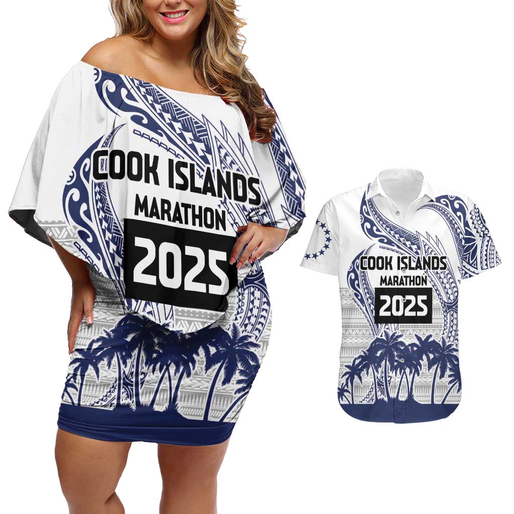 Cook Islands Marathon 2025-Pursuit in Paradise Couples Matching Off Shoulder Short Dress and Hawaiian Shirt Blue Color