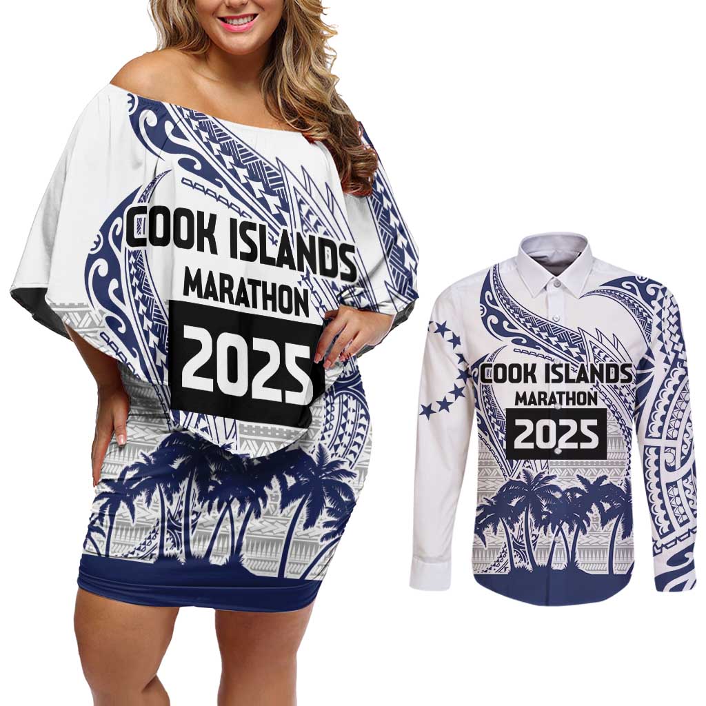 Cook Islands Marathon 2025-Pursuit in Paradise Couples Matching Off Shoulder Short Dress and Long Sleeve Button Shirt Blue Color
