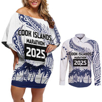 Cook Islands Marathon 2025-Pursuit in Paradise Couples Matching Off Shoulder Short Dress and Long Sleeve Button Shirt Blue Color