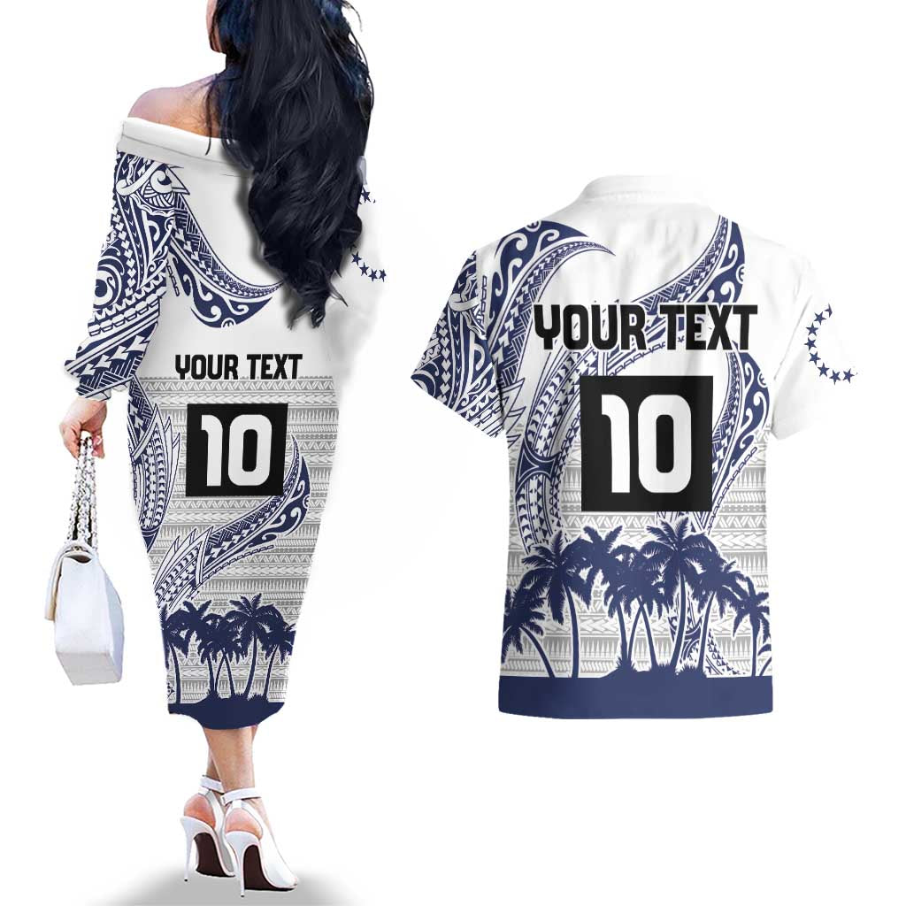 Cook Islands Marathon 2025-Pursuit in Paradise Couples Matching Off The Shoulder Long Sleeve Dress and Hawaiian Shirt Blue Color