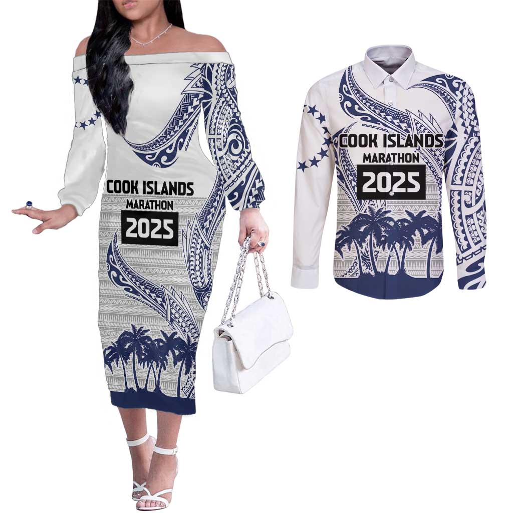 Cook Islands Marathon 2025-Pursuit in Paradise Couples Matching Off The Shoulder Long Sleeve Dress and Long Sleeve Button Shirt Blue Color