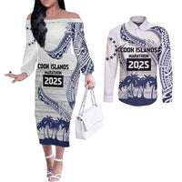 Cook Islands Marathon 2025-Pursuit in Paradise Couples Matching Off The Shoulder Long Sleeve Dress and Long Sleeve Button Shirt Blue Color