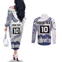 Cook Islands Marathon 2025-Pursuit in Paradise Couples Matching Off The Shoulder Long Sleeve Dress and Long Sleeve Button Shirt Blue Color