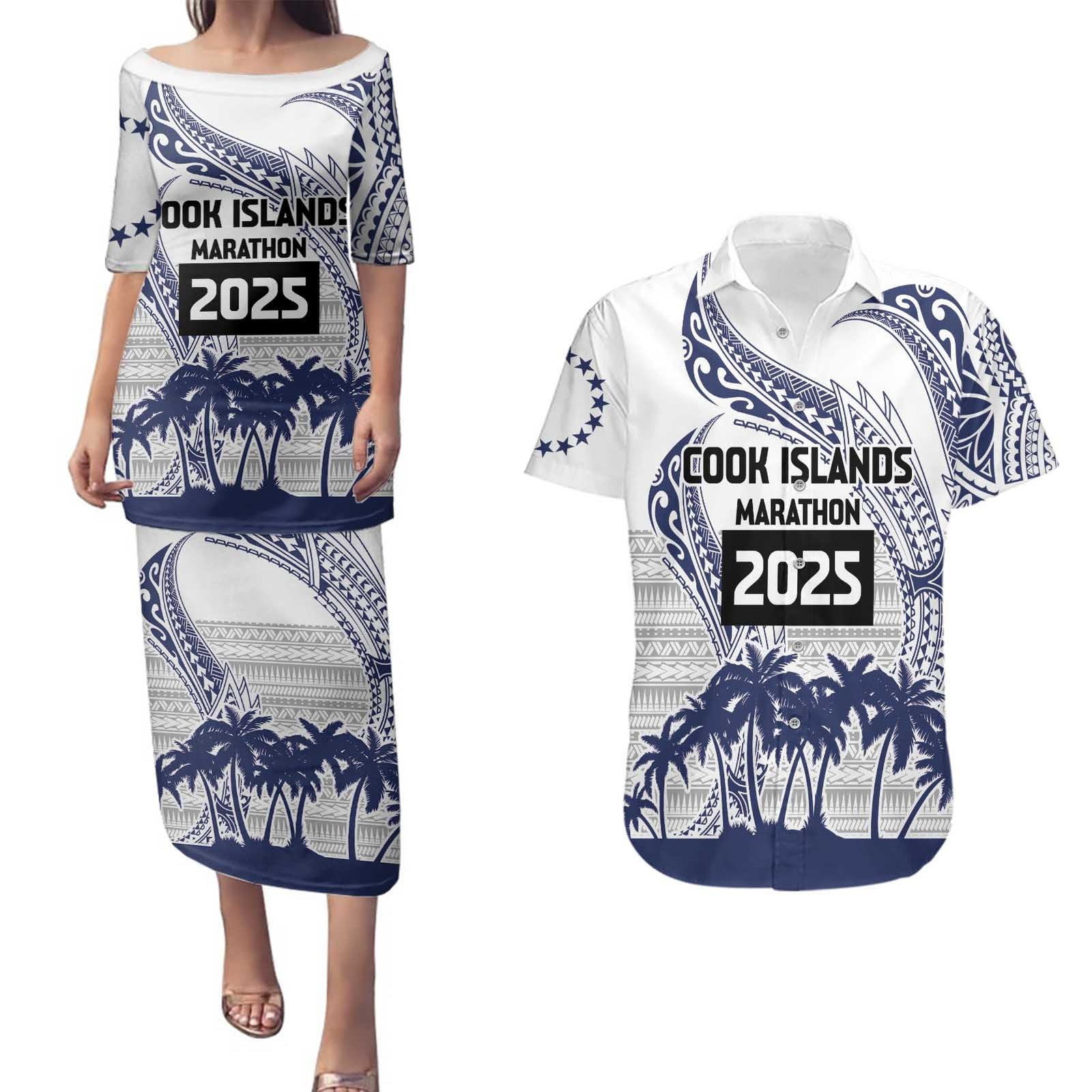 Cook Islands Marathon 2025-Pursuit in Paradise Couples Matching Puletasi and Hawaiian Shirt Blue Color