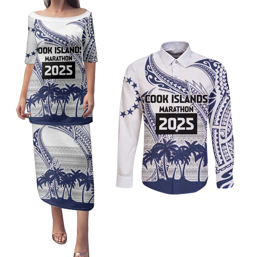 Cook Islands Marathon 2025-Pursuit in Paradise Couples Matching Puletasi and Long Sleeve Button Shirt Blue Color