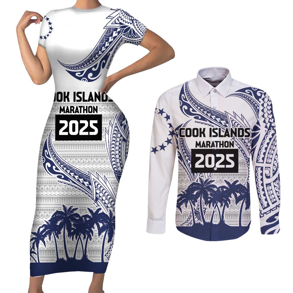 Cook Islands Marathon 2025-Pursuit in Paradise Couples Matching Short Sleeve Bodycon Dress and Long Sleeve Button Shirt Blue Color