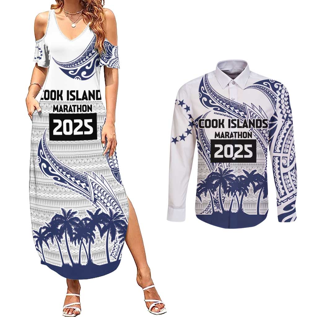 Cook Islands Marathon 2025-Pursuit in Paradise Couples Matching Summer Maxi Dress and Long Sleeve Button Shirt Blue Color