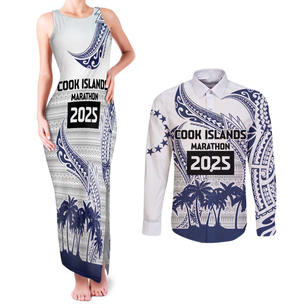 Cook Islands Marathon 2025-Pursuit in Paradise Couples Matching Tank Maxi Dress and Long Sleeve Button Shirt Blue Color
