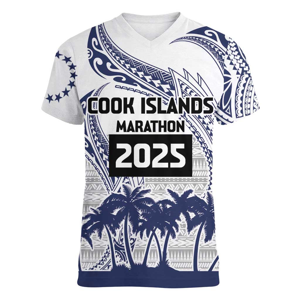 Cook Islands Marathon 2025-Pursuit in Paradise Women V-Neck T-Shirt Blue Color