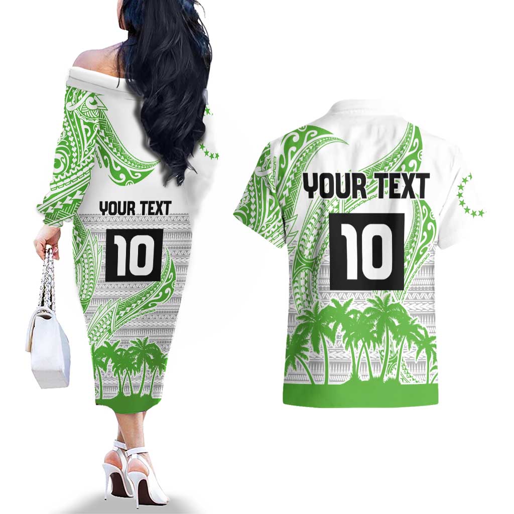 Cook Islands Marathon 2025-Pursuit in Paradise Couples Matching Off The Shoulder Long Sleeve Dress and Hawaiian Shirt Green Color