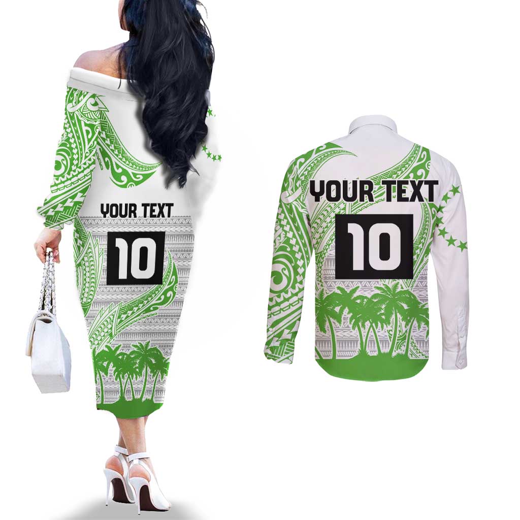 Cook Islands Marathon 2025-Pursuit in Paradise Couples Matching Off The Shoulder Long Sleeve Dress and Long Sleeve Button Shirt Green Color