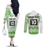 Cook Islands Marathon 2025-Pursuit in Paradise Couples Matching Off The Shoulder Long Sleeve Dress and Long Sleeve Button Shirt Green Color