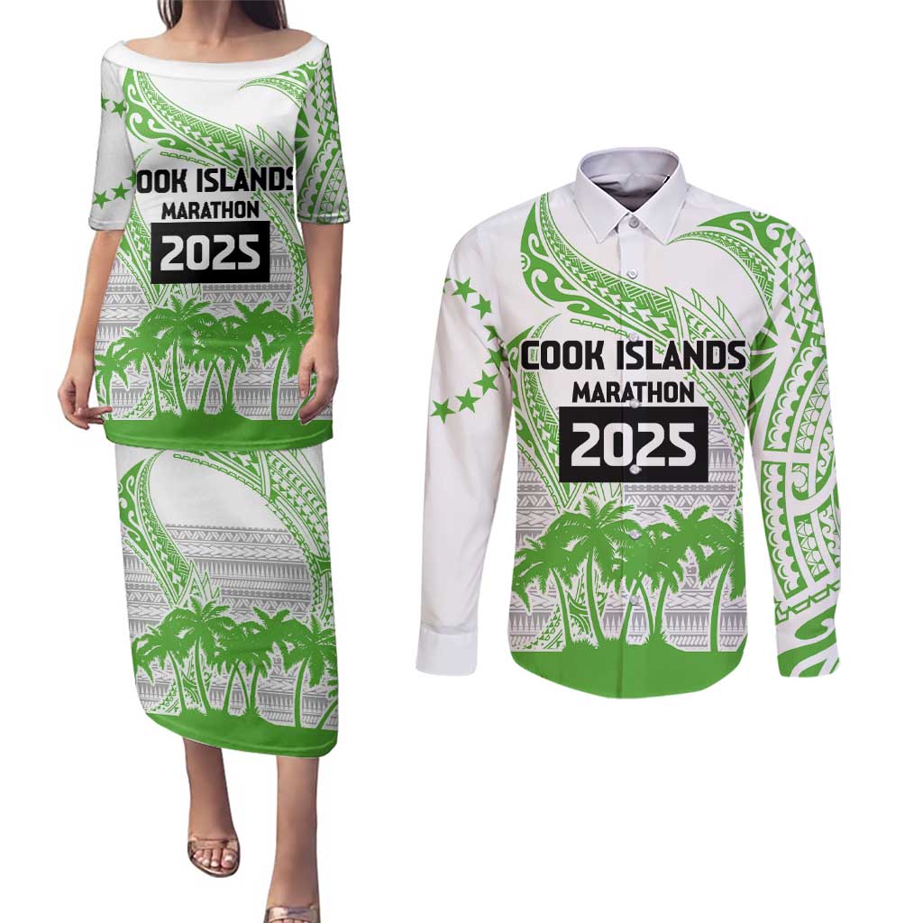 Cook Islands Marathon 2025-Pursuit in Paradise Couples Matching Puletasi and Long Sleeve Button Shirt Green Color