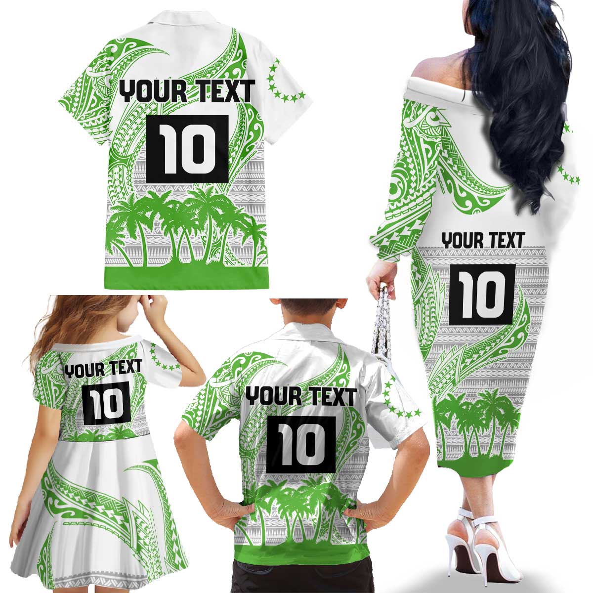 Cook Islands Marathon 2025-Pursuit in Paradise Family Matching Off The Shoulder Long Sleeve Dress and Hawaiian Shirt Green Color