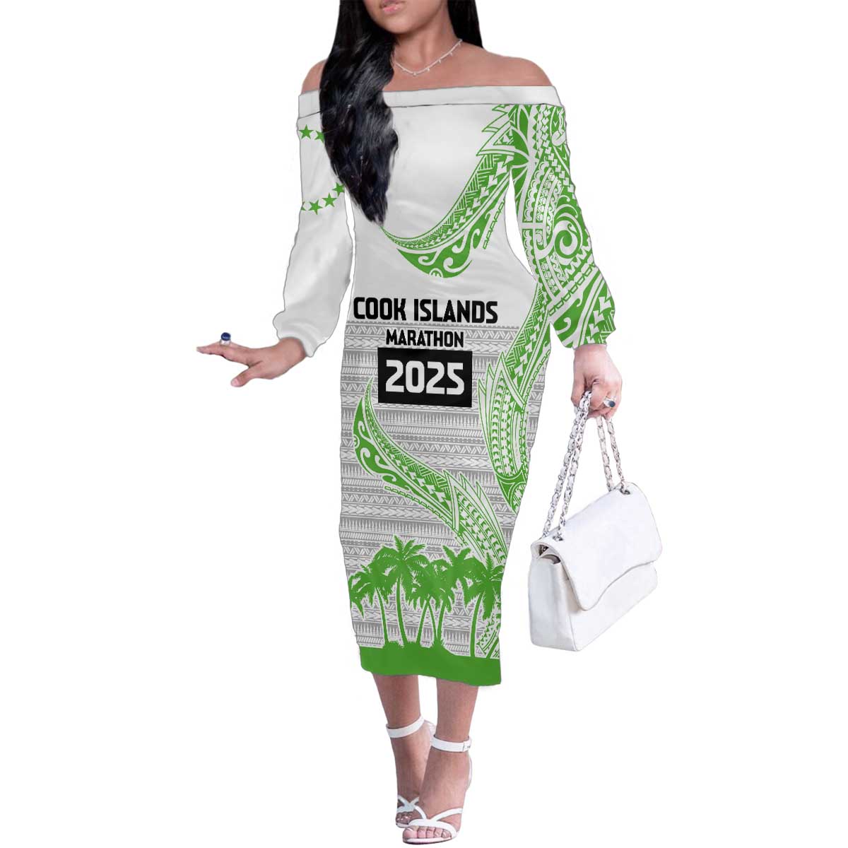 Cook Islands Marathon 2025-Pursuit in Paradise Family Matching Off The Shoulder Long Sleeve Dress and Hawaiian Shirt Green Color