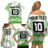 Cook Islands Marathon 2025-Pursuit in Paradise Family Matching Off Shoulder Short Dress and Hawaiian Shirt Green Color