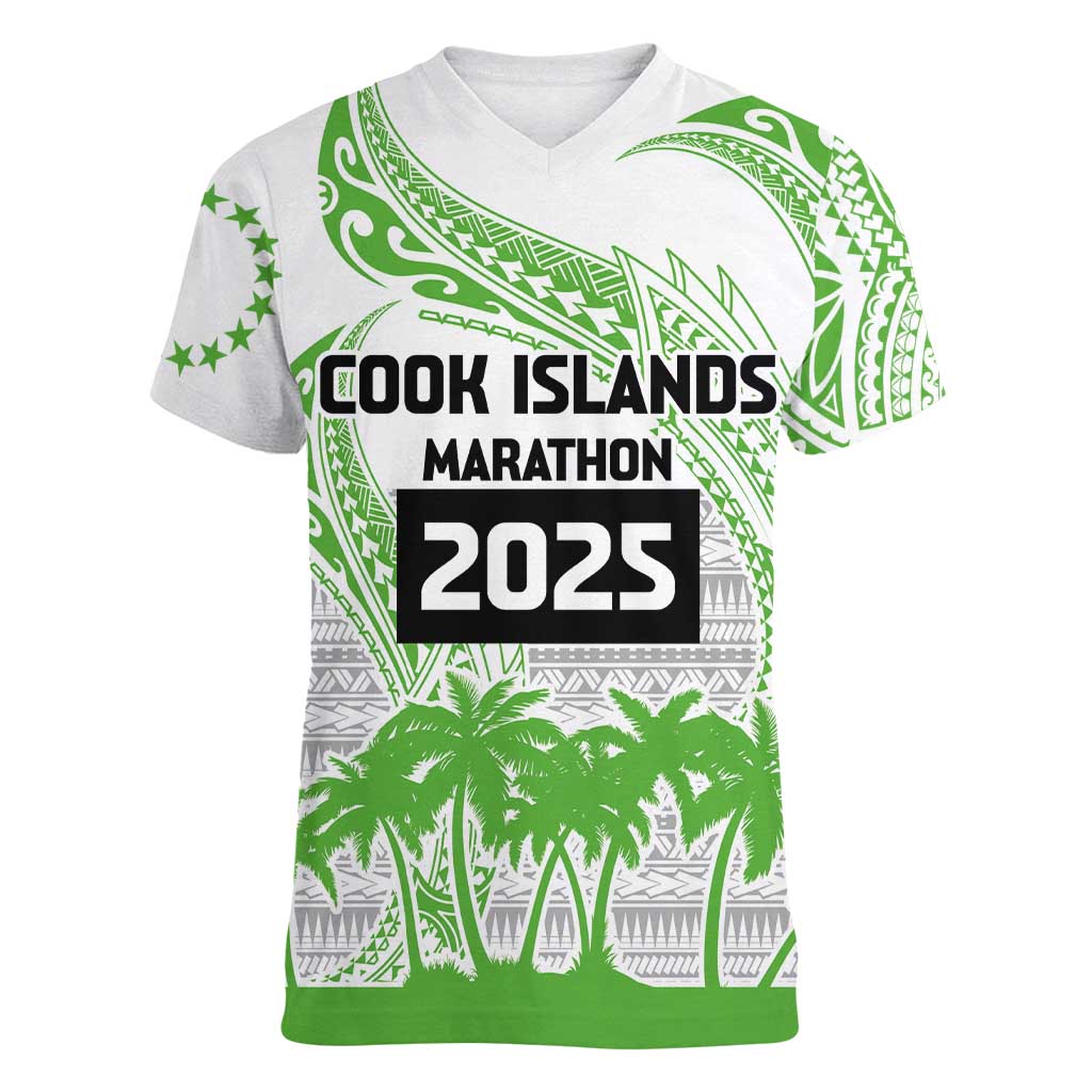 Cook Islands Marathon 2025-Pursuit in Paradise Women V-Neck T-Shirt Green Color