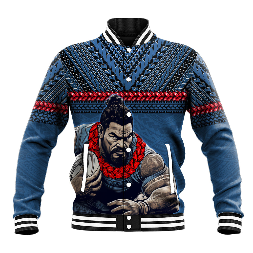Custom Toa Samoa Rugby Baseball Jacket Samoan Warrior Ula Fala Tribal Pattern LT03 Unisex Blue - Polynesian Pride