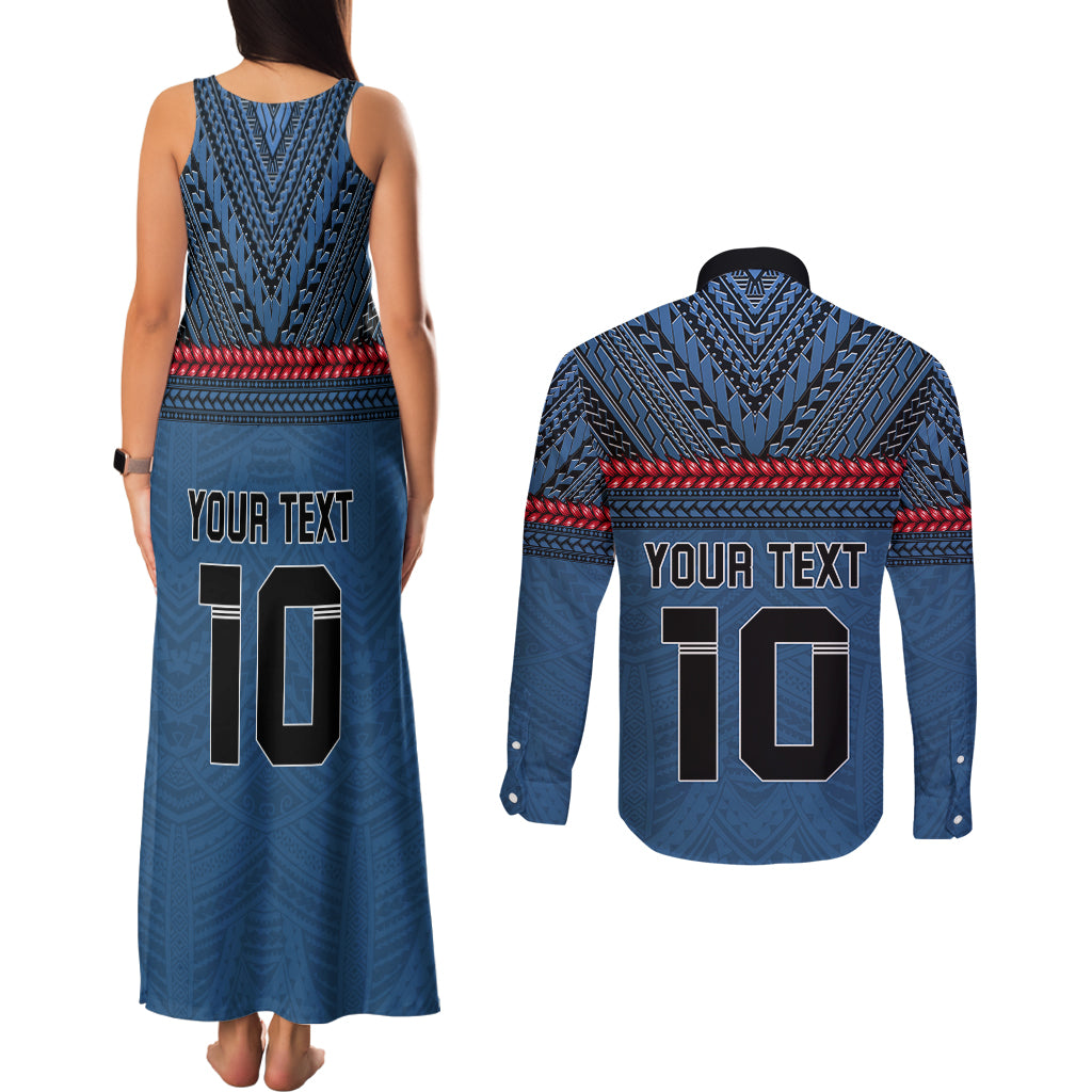 Custom Toa Samoa Rugby Couples Matching Tank Maxi Dress and Long Sleeve Button Shirt Samoan Warrior Ula Fala Tribal Pattern LT03