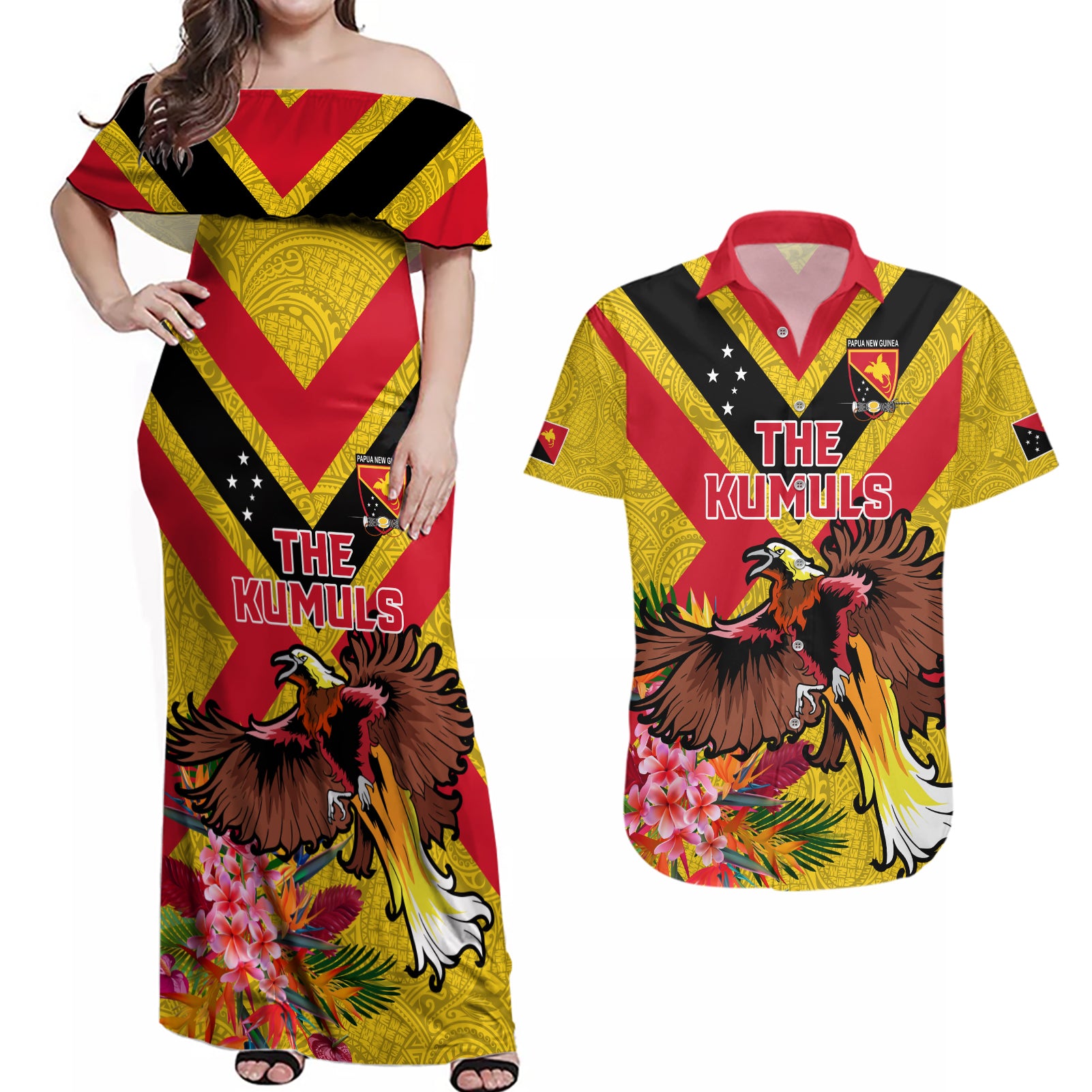 Custom Papua New Guinea Rugby Couples Matching Off Shoulder Maxi Dress and Hawaiian Shirt Bird of Paradise and Hibiscus Polynesian Pattern Yellow Color LT03