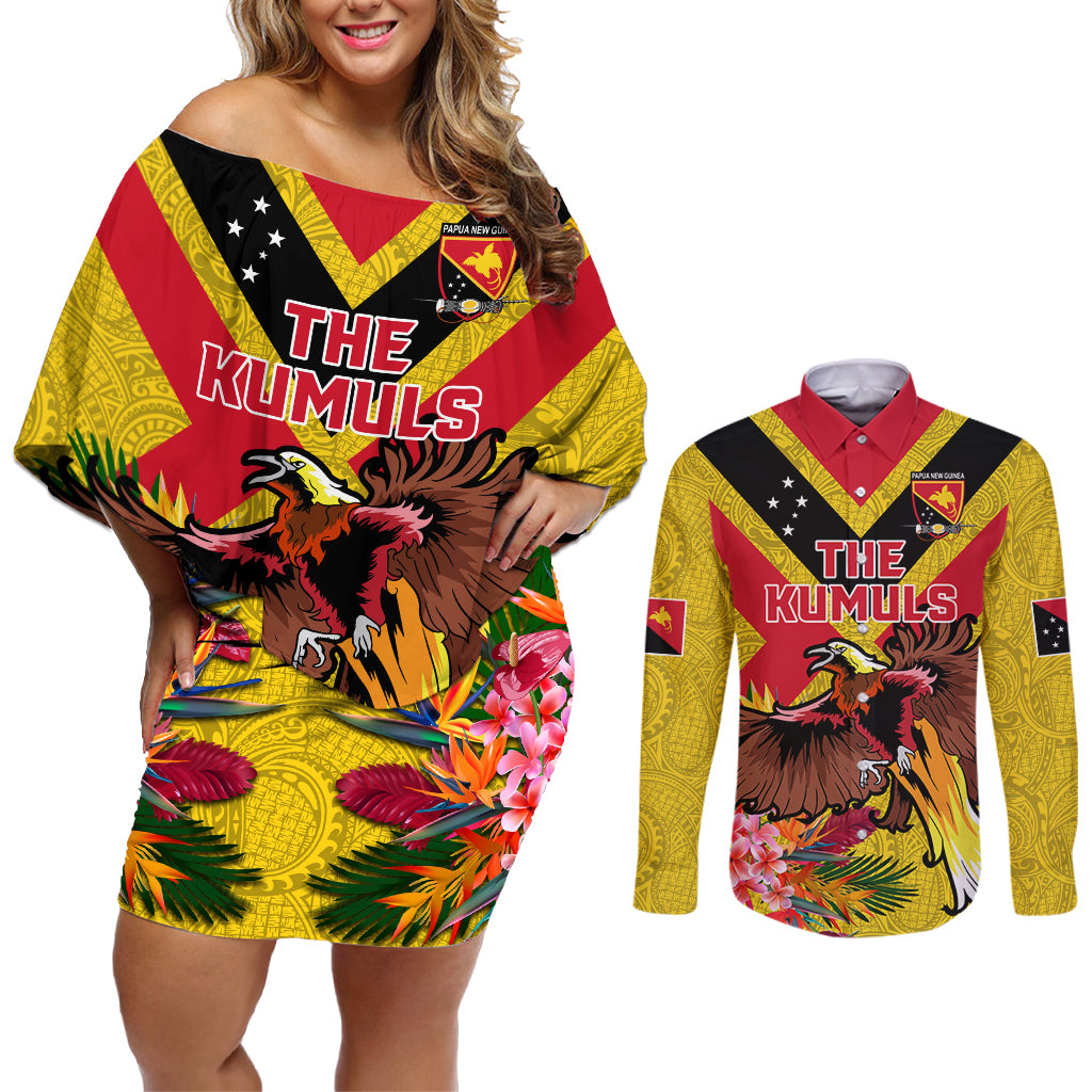 Custom Papua New Guinea Rugby Couples Matching Off Shoulder Short Dress and Long Sleeve Button Shirt Bird of Paradise and Hibiscus Polynesian Pattern Yellow Color LT03
