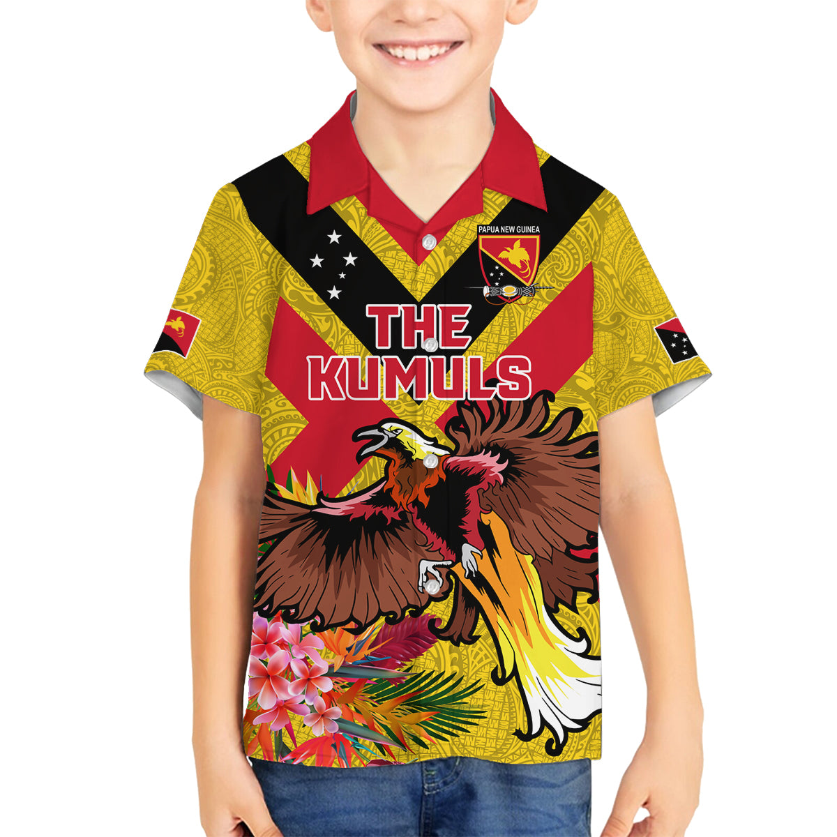 Custom Papua New Guinea Rugby Family Matching Long Sleeve Bodycon Dress and Hawaiian Shirt Bird of Paradise and Hibiscus Polynesian Pattern Yellow Color LT03 Son's Shirt Yellow - Polynesian Pride