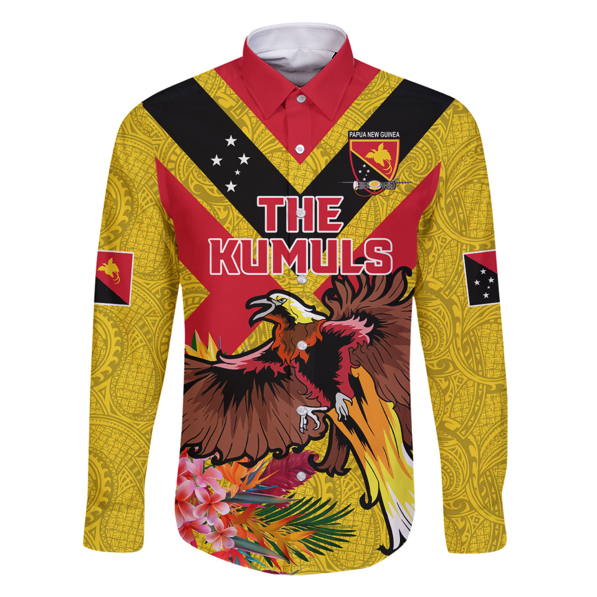 Custom Papua New Guinea Rugby Family Matching Tank Maxi Dress and Hawaiian Shirt Bird of Paradise and Hibiscus Polynesian Pattern Yellow Color LT03 Dad's Shirt - Long Sleeve Yellow - Polynesian Pride