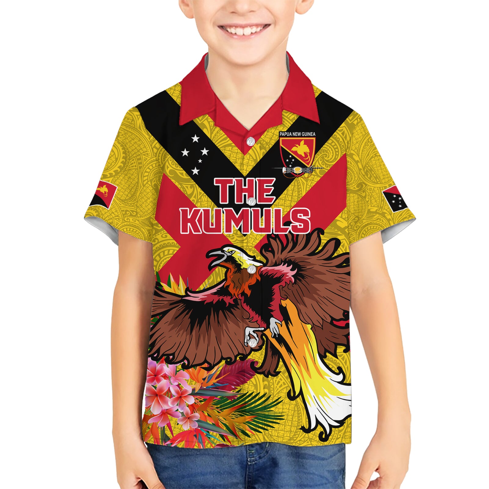 Custom Papua New Guinea Rugby Kid Hawaiian Shirt Bird of Paradise and Hibiscus Polynesian Pattern Yellow Color LT03