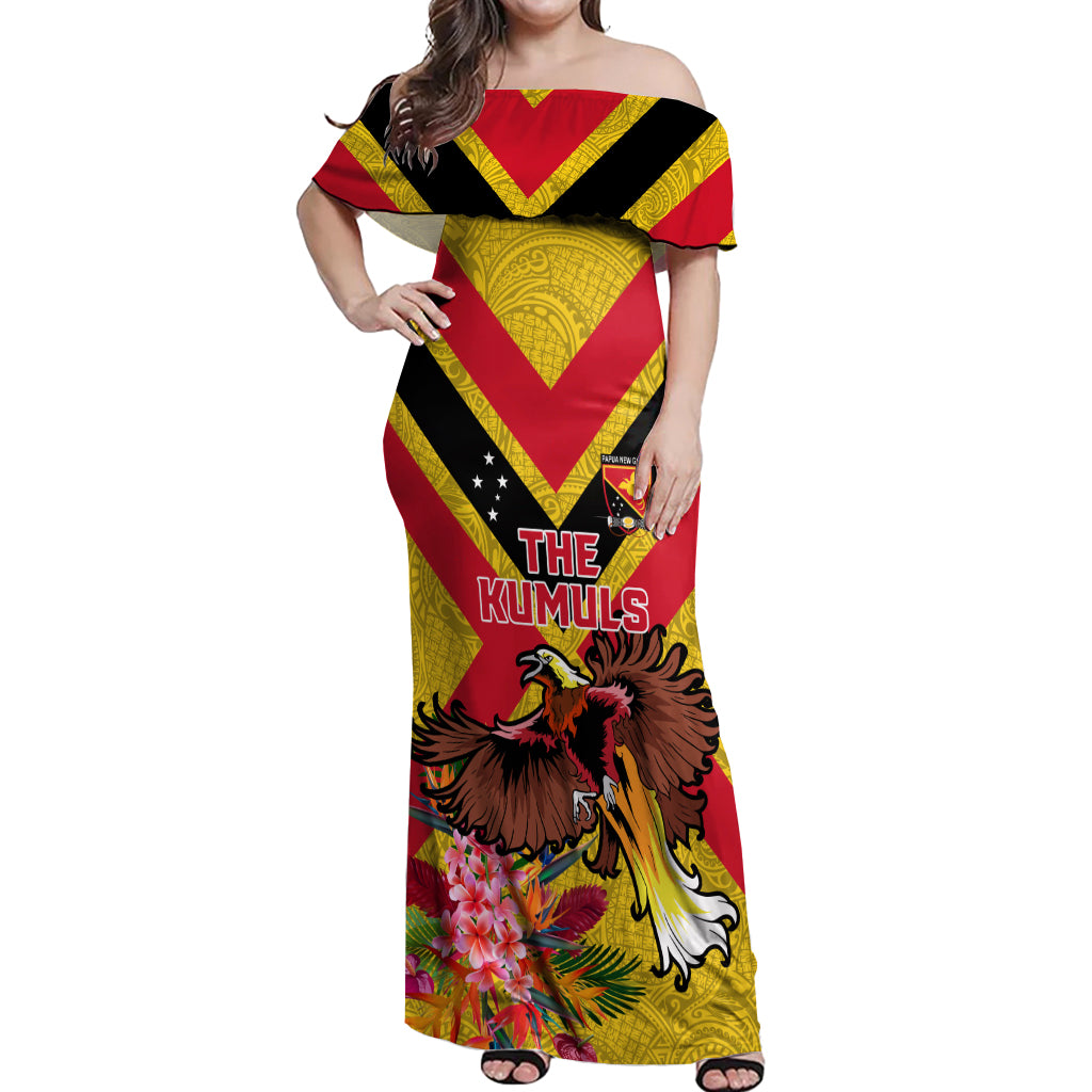 Custom Papua New Guinea Rugby Off Shoulder Maxi Dress Bird of Paradise and Hibiscus Polynesian Pattern Yellow Color LT03