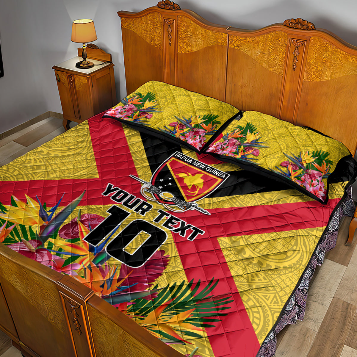Custom Papua New Guinea Rugby Quilt Bed Set Bird of Paradise and Hibiscus Polynesian Pattern Yellow Color