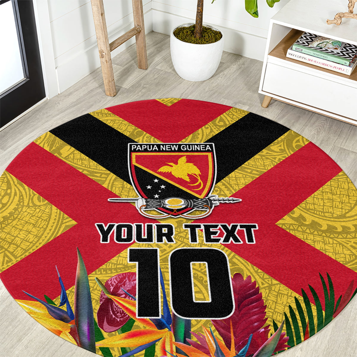 Custom Papua New Guinea Rugby Round Carpet Bird of Paradise and Hibiscus Polynesian Pattern Yellow Color LT03 Yellow - Polynesian Pride