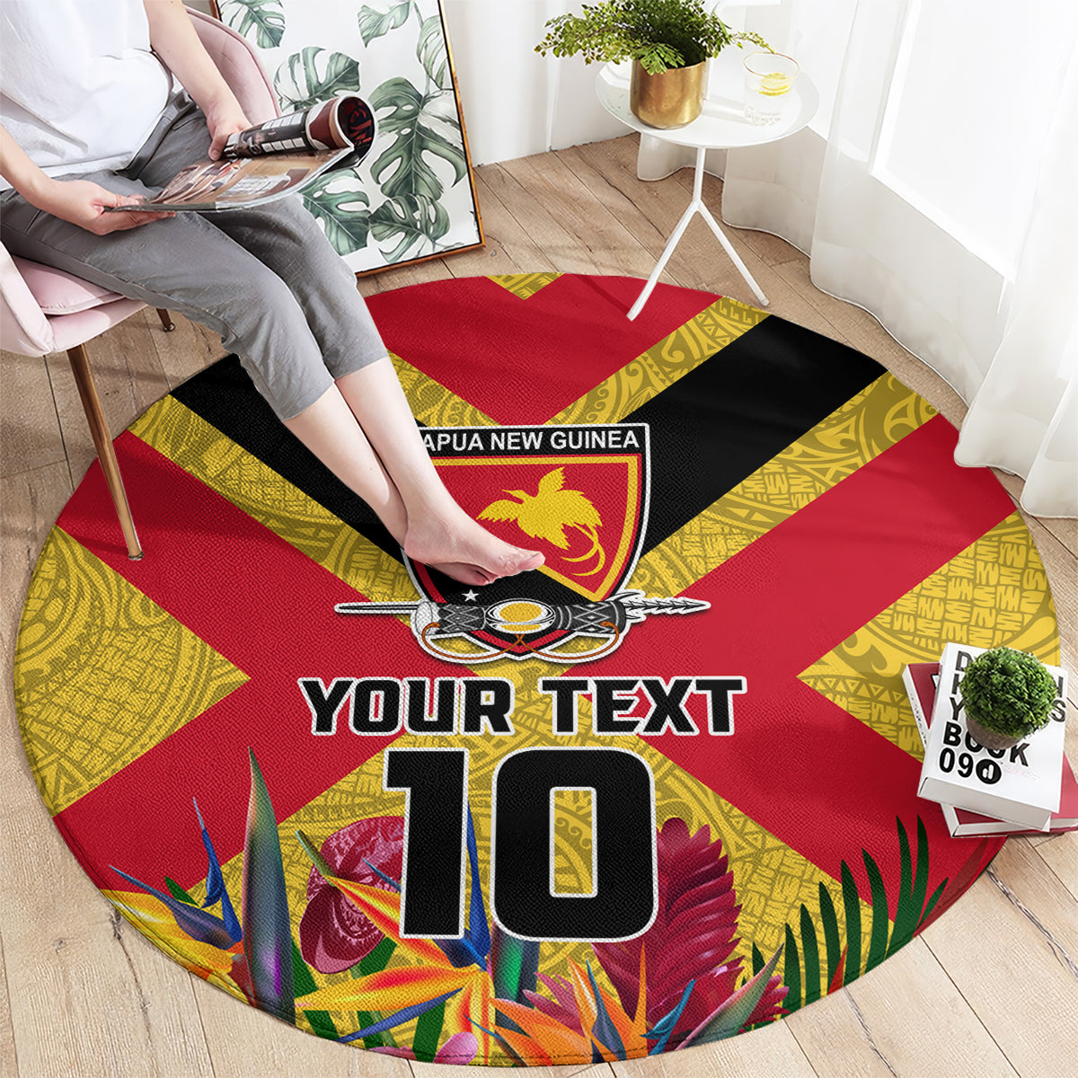 Custom Papua New Guinea Rugby Round Carpet Bird of Paradise and Hibiscus Polynesian Pattern Yellow Color LT03 - Polynesian Pride