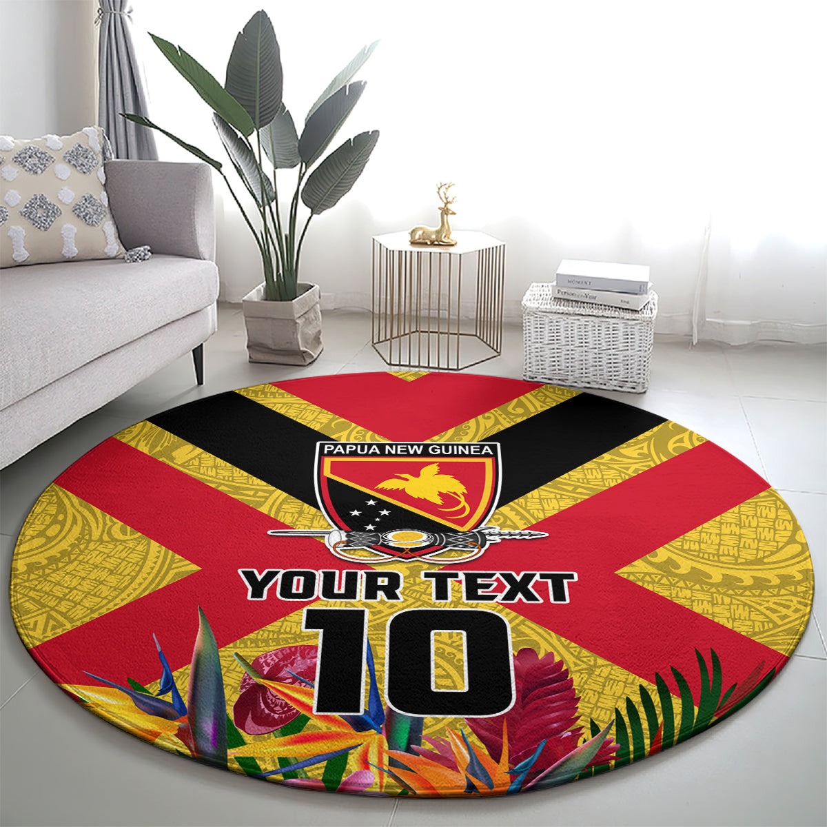 Custom Papua New Guinea Rugby Round Carpet Bird of Paradise and Hibiscus Polynesian Pattern Yellow Color LT03 - Polynesian Pride