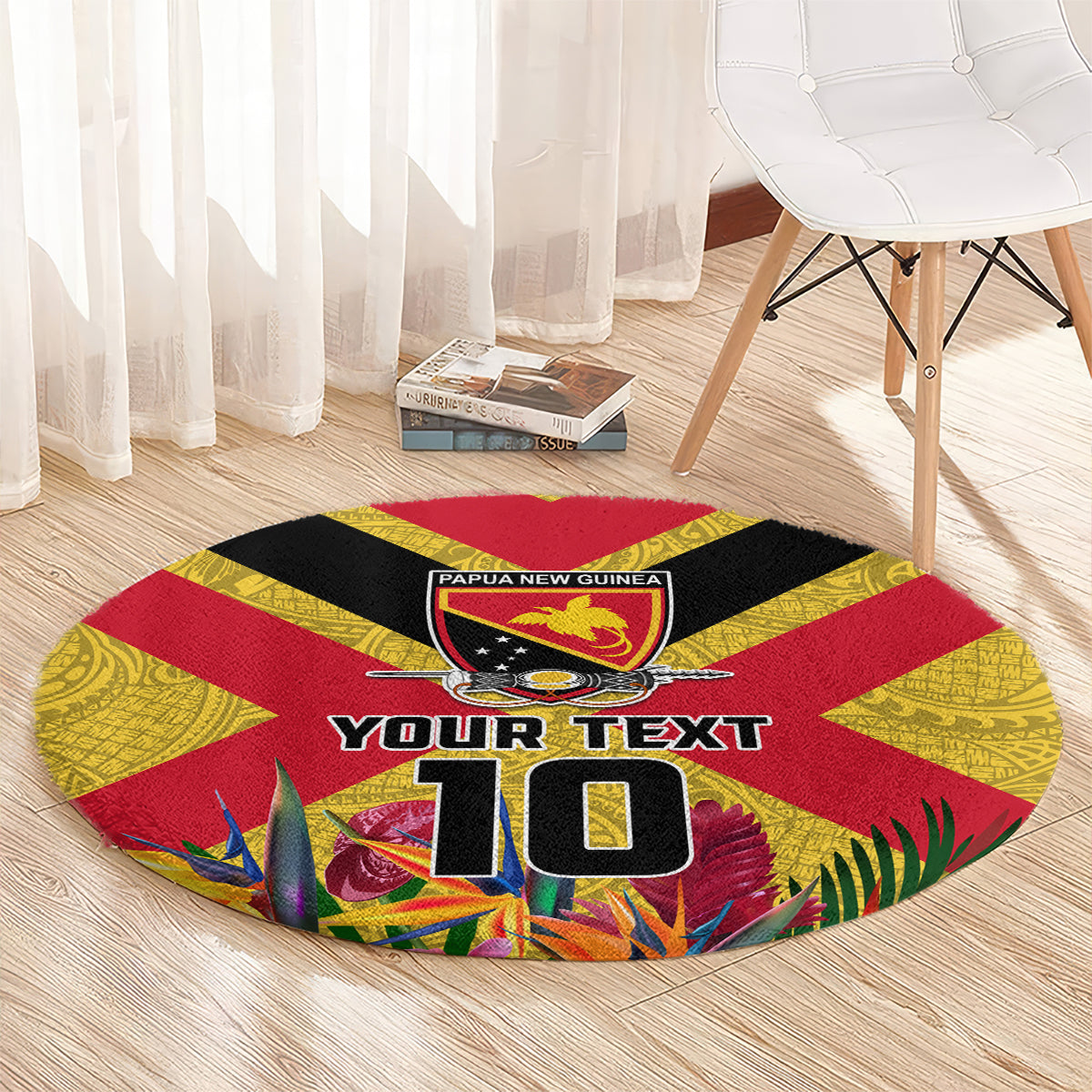 Custom Papua New Guinea Rugby Round Carpet Bird of Paradise and Hibiscus Polynesian Pattern Yellow Color LT03 - Polynesian Pride