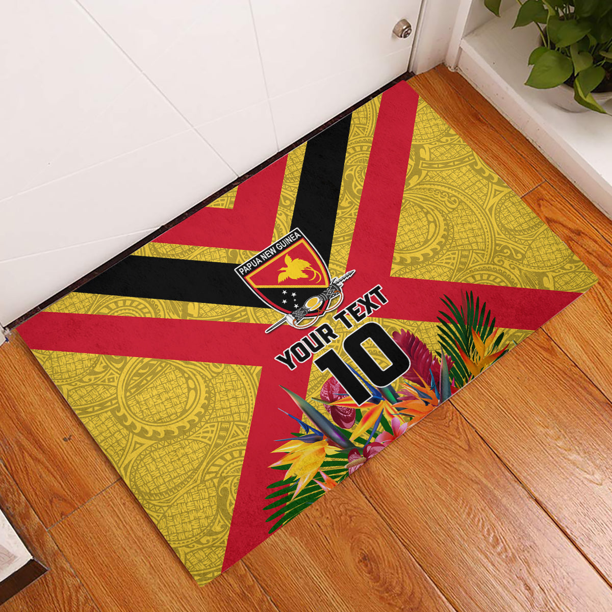 Custom Papua New Guinea Rugby Rubber Doormat Bird of Paradise and Hibiscus Polynesian Pattern Yellow Color