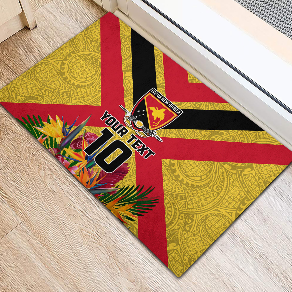 Custom Papua New Guinea Rugby Rubber Doormat Bird of Paradise and Hibiscus Polynesian Pattern Yellow Color