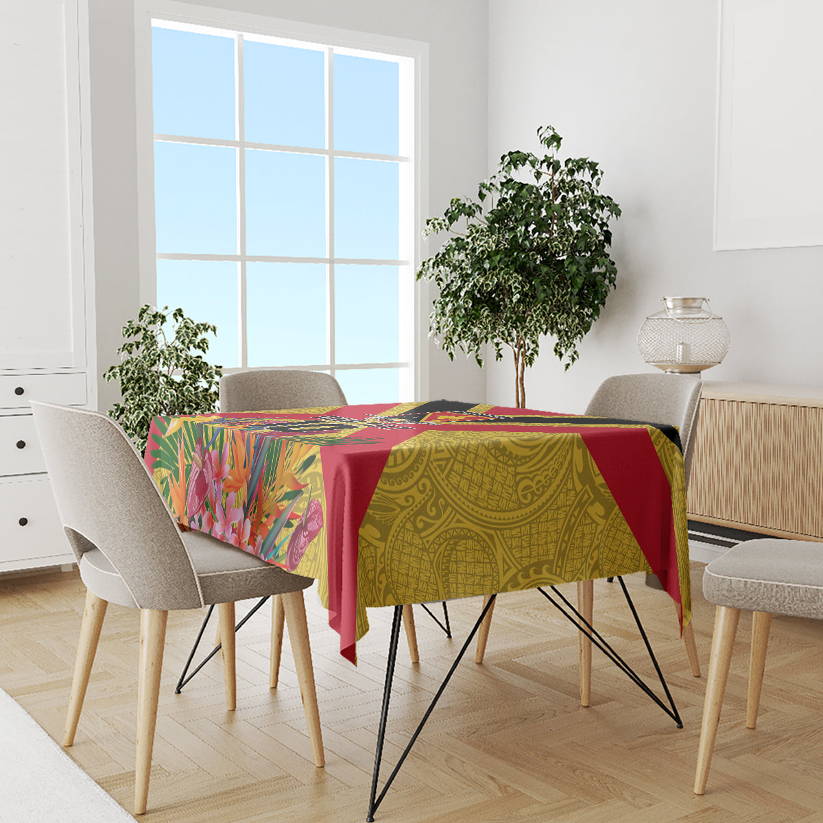 Custom Papua New Guinea Rugby Tablecloth Bird of Paradise and Hibiscus Polynesian Pattern Yellow Color