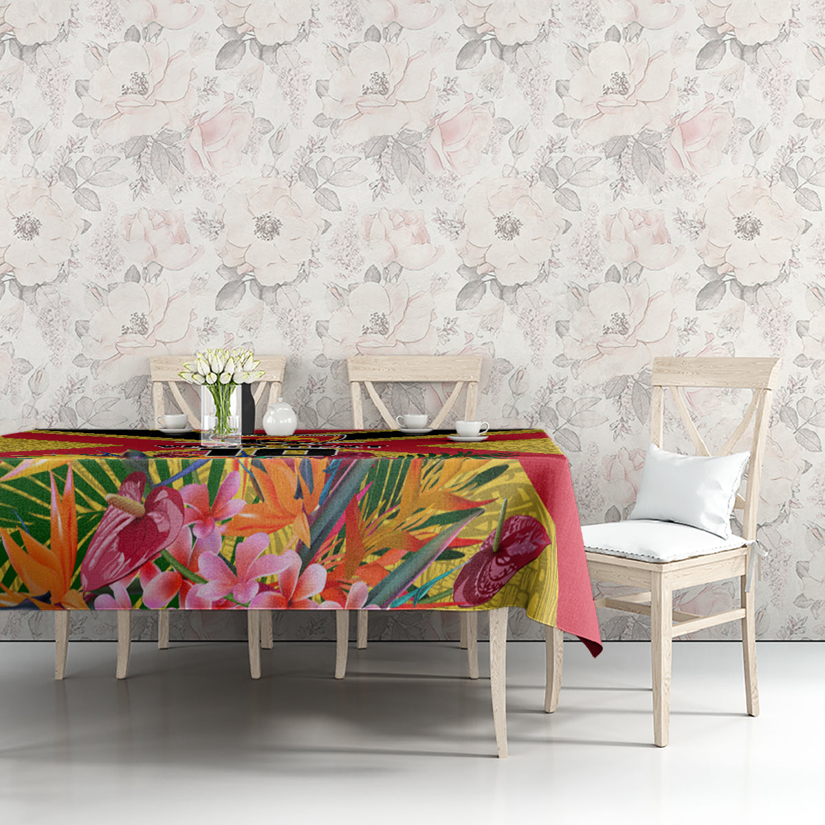 Custom Papua New Guinea Rugby Tablecloth Bird of Paradise and Hibiscus Polynesian Pattern Yellow Color