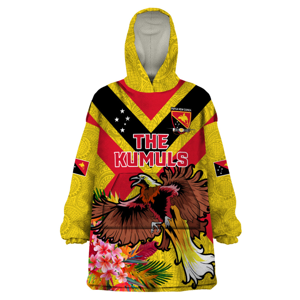 Custom Papua New Guinea Rugby Wearable Blanket Hoodie Bird of Paradise and Hibiscus Polynesian Pattern Yellow Color LT03