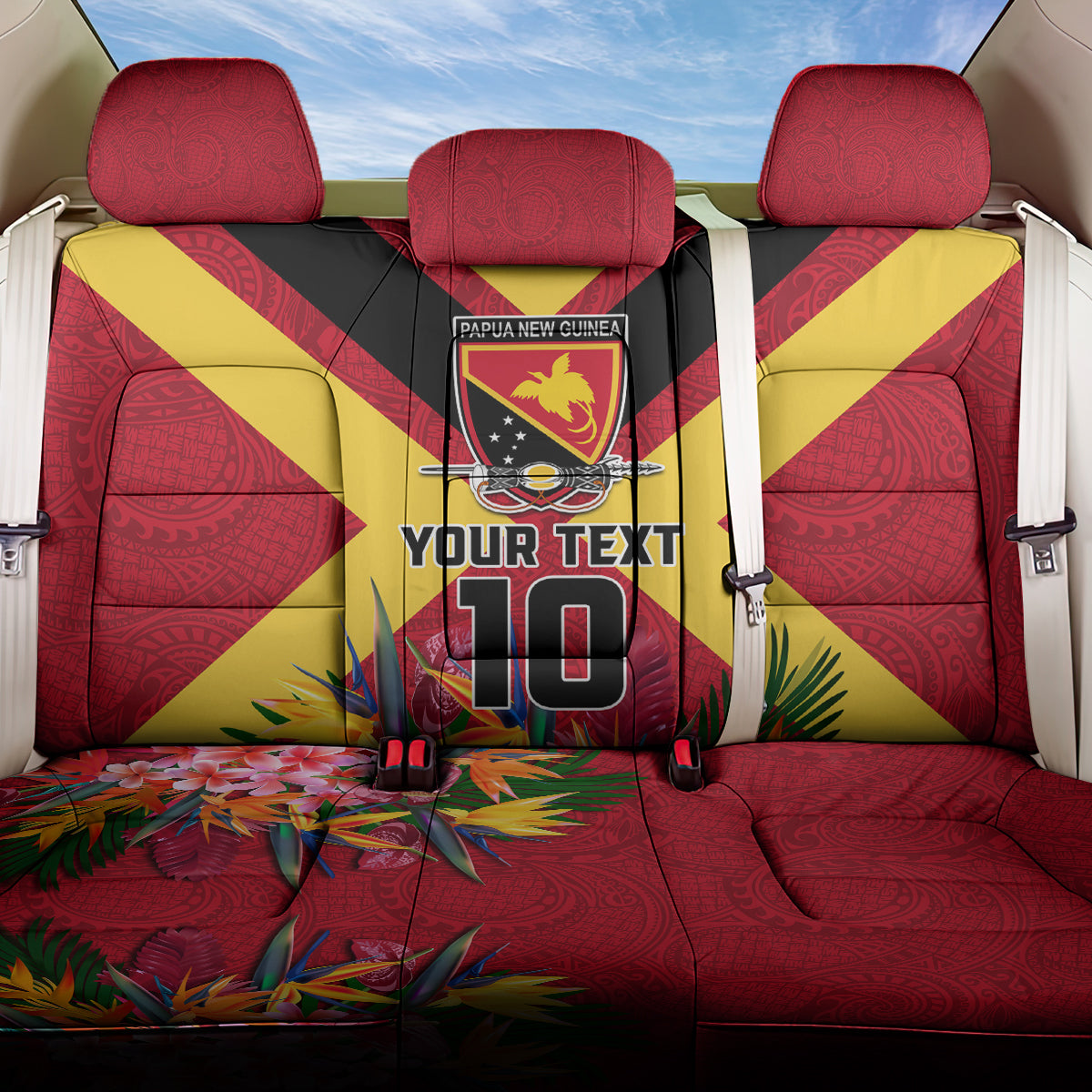 Custom Papua New Guinea Rugby Back Car Seat Cover Bird of Paradise and Hibiscus Polynesian Pattern Red Color