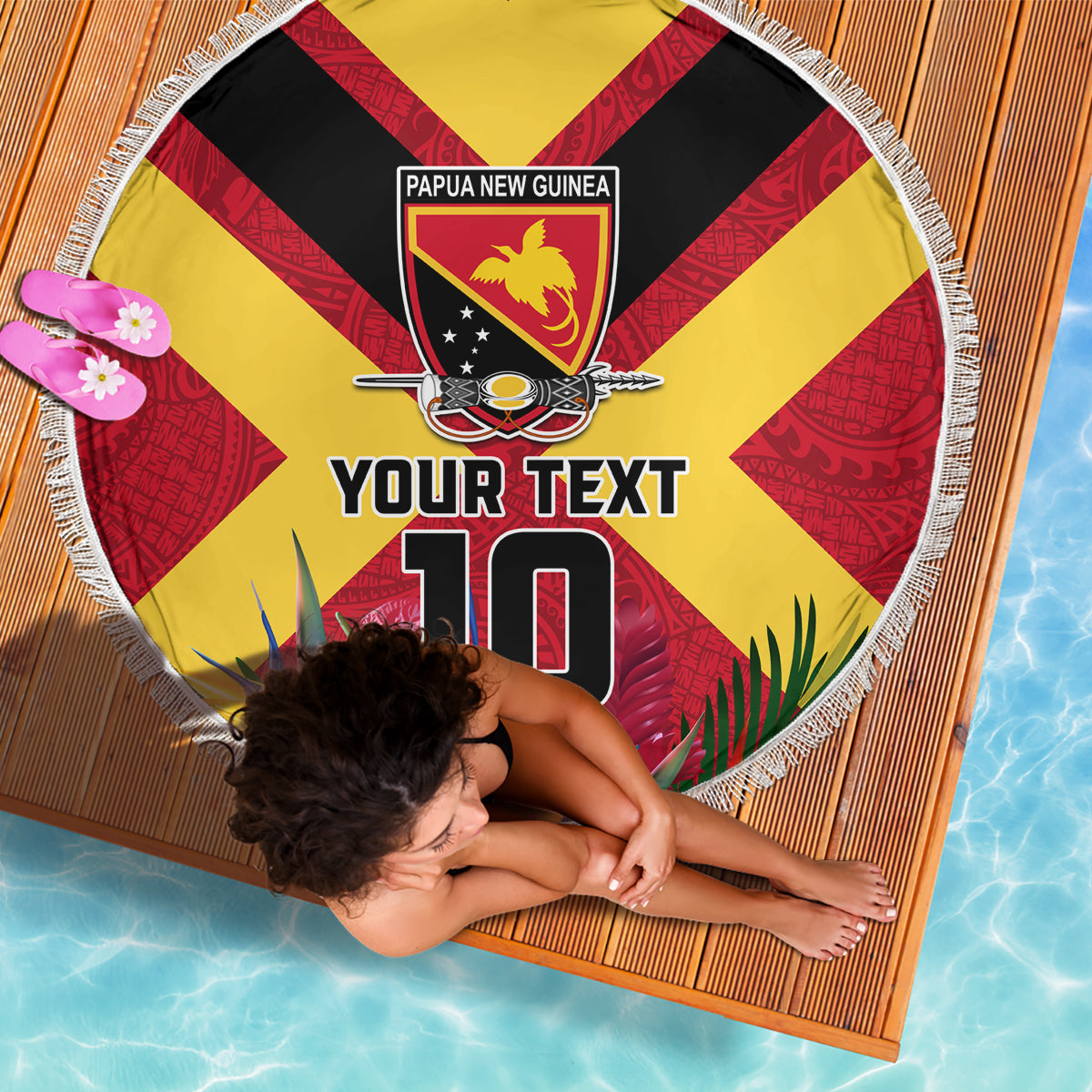 Custom Papua New Guinea Rugby Beach Blanket Bird of Paradise and Hibiscus Polynesian Pattern Red Color