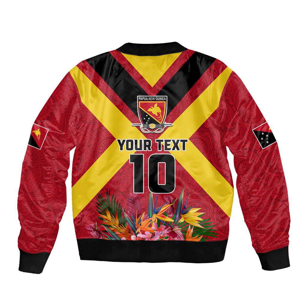 Custom Papua New Guinea Rugby Bomber Jacket Bird of Paradise and Hibiscus Polynesian Pattern Red Color LT03