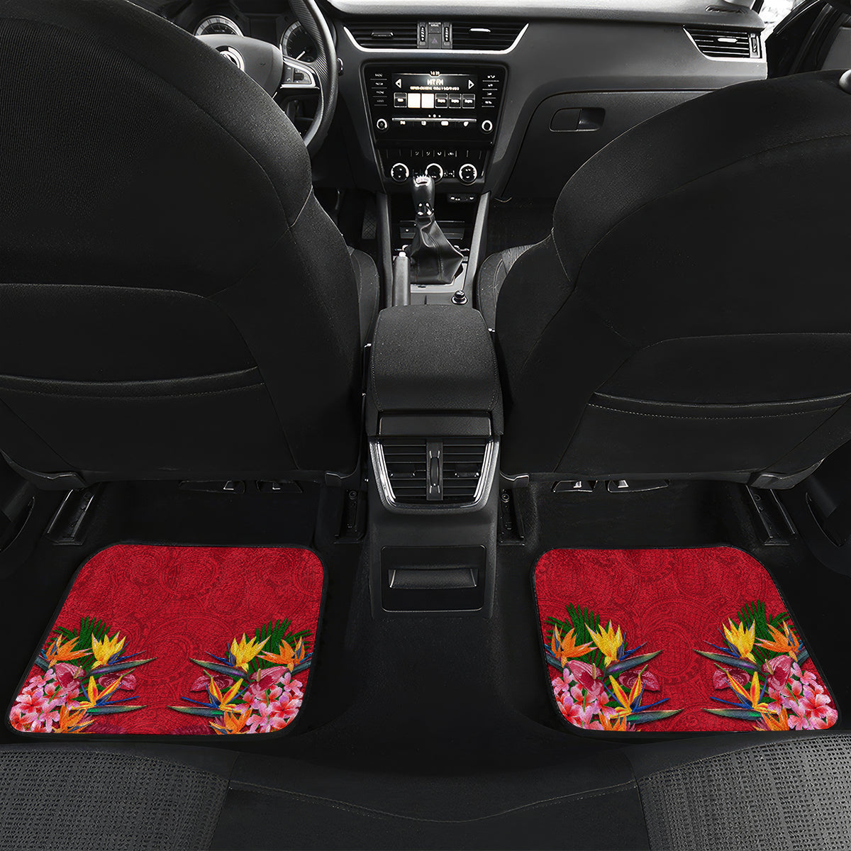 Custom Papua New Guinea Rugby Car Mats Bird of Paradise and Hibiscus Polynesian Pattern Red Color