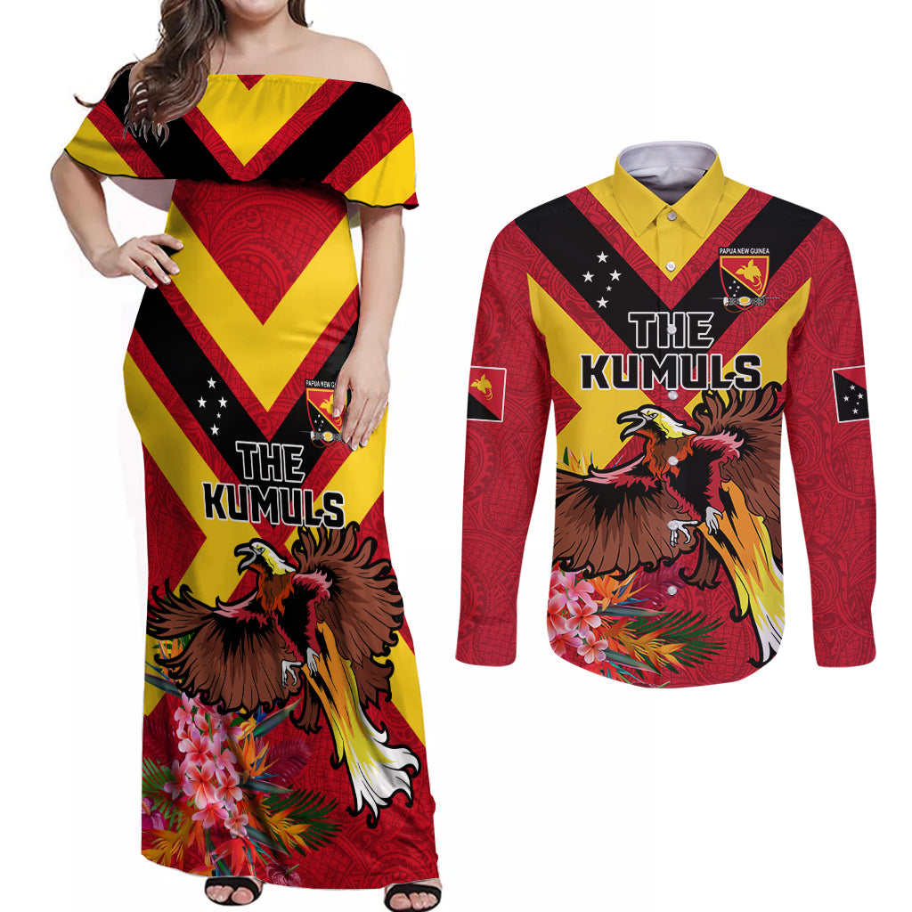 Custom Papua New Guinea Rugby Couples Matching Off Shoulder Maxi Dress and Long Sleeve Button Shirt Bird of Paradise and Hibiscus Polynesian Pattern Red Color LT03